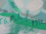 an oil painting of a green and white plane on a white surface