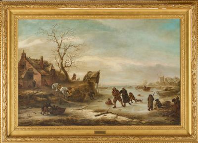 une peinture à l'huile représentant une scène hivernale avec des personnes sur une rivière gelée