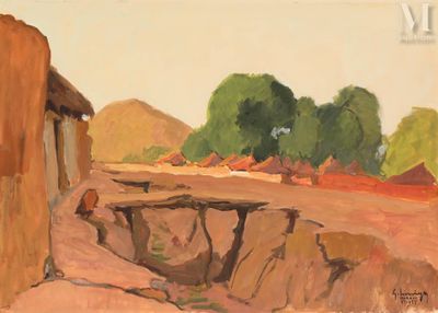 une image représentant une peinture d'un chemin de terre avec un bâtiment en arrière-plan