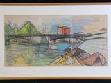 drawing of a man sitting on a dock with a boat in the background