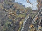 an image of a painting of a mountain scene with rocks and trees