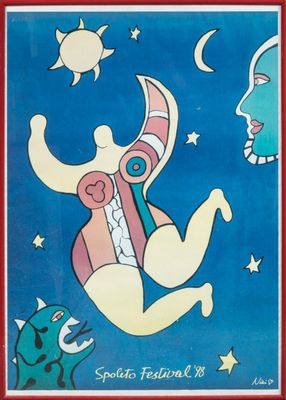 une image représentant un tableau où l'on voit une femme et un chat dans le ciel