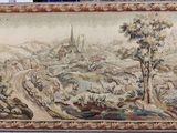 painting of a landscape with a church in the distance and a road in the foreground