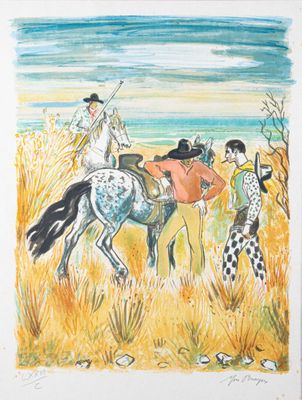 tableau représentant un homme à cheval, accompagné d'un dalmatien, avec un autre dalmatien en arrière-plan