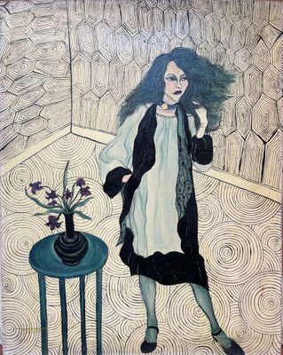 a painting of a woman standing in front of a vase of flowers
