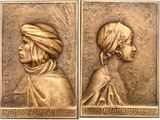 two bronze plaques depicting a woman and a man with turban