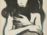 affiche représentant une femme aux longs cheveux noirs, les mains posées sur la poitrine