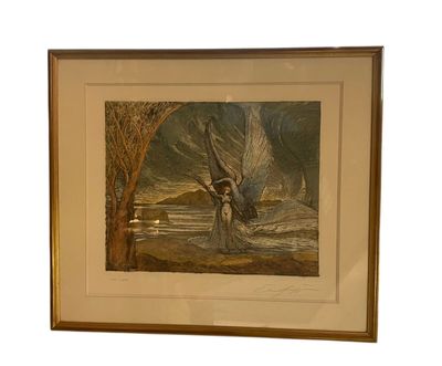 painting of a woman and a man in a landscape by a lake