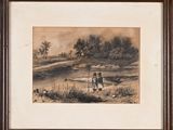 painting of two men riding horses in a field with trees in the background