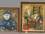painting of a woman sitting in a chair next to a painting of an old woman