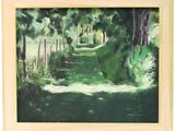 painting of a path in the woods with a fence and trees