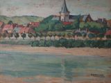 painting of a view of a village with a church on a hill