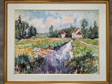 aquarelle représentant une maison dans un champ traversé par un ruisseau