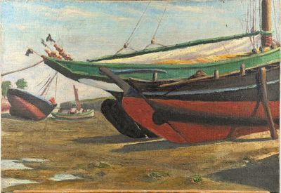 a painting of a boat on the beach with other boats in the background