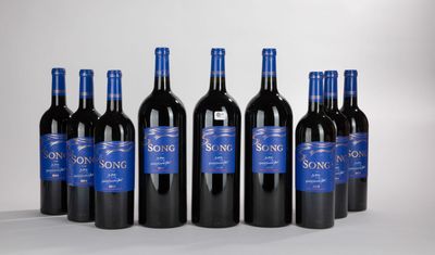 six bouteilles de vin rouge sont alignées