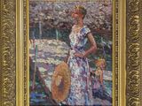 an oil painting of a woman in a dress holding a parasol