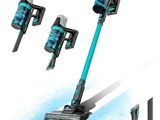 a close up of a blue and black cordless vacuum cleaner
