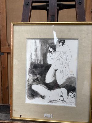 une photo d'un dessin représentant une femme nue sur un chevalet