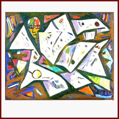 peinture abstraite représentant une pile de papiers sur une table, dans un cadre rouge