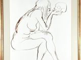 drawing of a woman sitting on a stool with her head in her hands