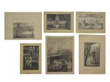 several old black and white pictures of people in a park