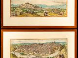 two framed maps of a city and a town in a wooden frame