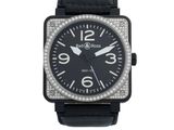 Montre Bell & Ross pour homme avec bracelet en cuir noir et lunette sertie de diamants