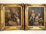 two paintings of a woman and a man are shown in a gold frame