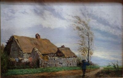painting of a man walking down a dirt road past a thatched roofed house