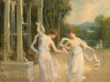 tableau représentant deux femmes en robe blanche dansant dans un jardin