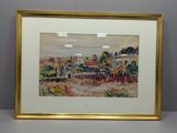 un tableau représentant un paysage avec des maisons et des arbres, dans un cadre doré