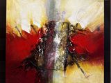 tableau représentant une peinture abstraite rouge et jaune sur un cadre noir