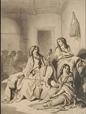 tableau représentant un groupe de femmes jouant de la musique dans une pièce
