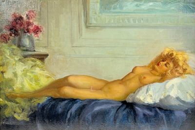 a painting of a nude woman laying on a bed