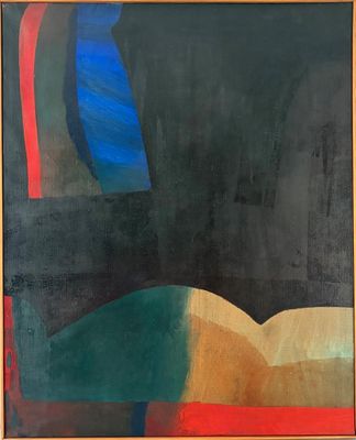 an abstract painting of a black, blue, red and yellow painting