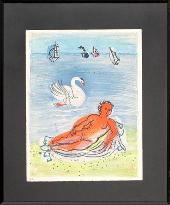 tableau représentant un homme assis sur une plage, avec un cygne en arrière-plan
