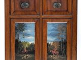 an image of a painting of two horses and a man with a dog