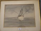 peinture représentant un bateau dans l'eau, sur lequel figure le chiffre 21