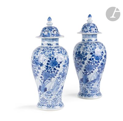paire de vases bleus et blancs ornés d'oiseaux et de fleurs