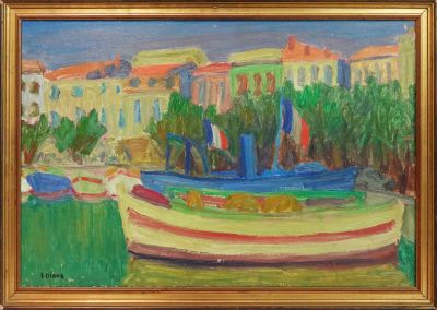 une peinture à l'huile représentant un bateau dans un port, avec des bâtiments en arrière-plan
