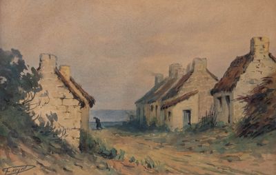 une photo d'un tableau représentant un village au bord de l'eau