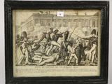 an old picture of a group of men fighting in front of a building