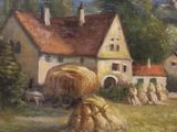 a painting of a farm scene with a hay bale in the foreground