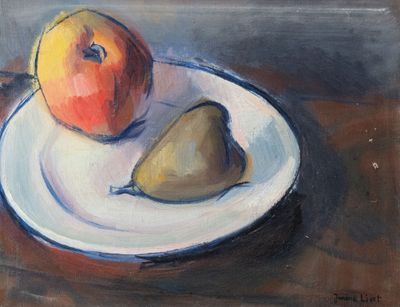 une peinture représentant deux poires et une pomme dans une assiette