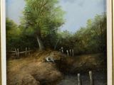 a painting of a man fishing on a river