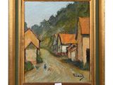 an oil painting of a road with houses and a person walking down it