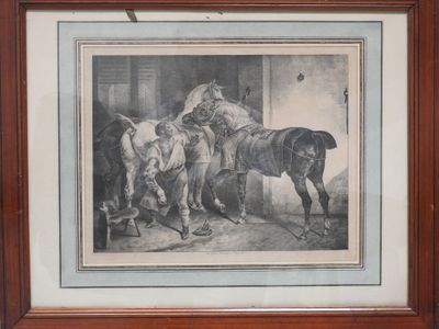 tableau représentant un homme menant un cheval à l'écurie, peint par une femme