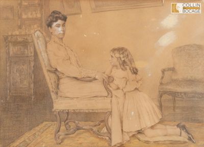 un dessin représentant une femme et une petite fille assises sur une chaise