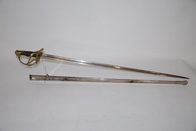 two swords with a gold handle on a white surface