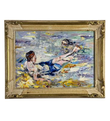 a painting of two women sitting on the beach in the water